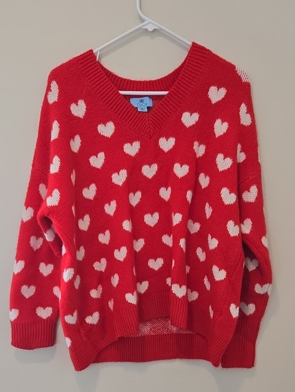 CeCe Red V-Neck Sweater with White Heart Print
